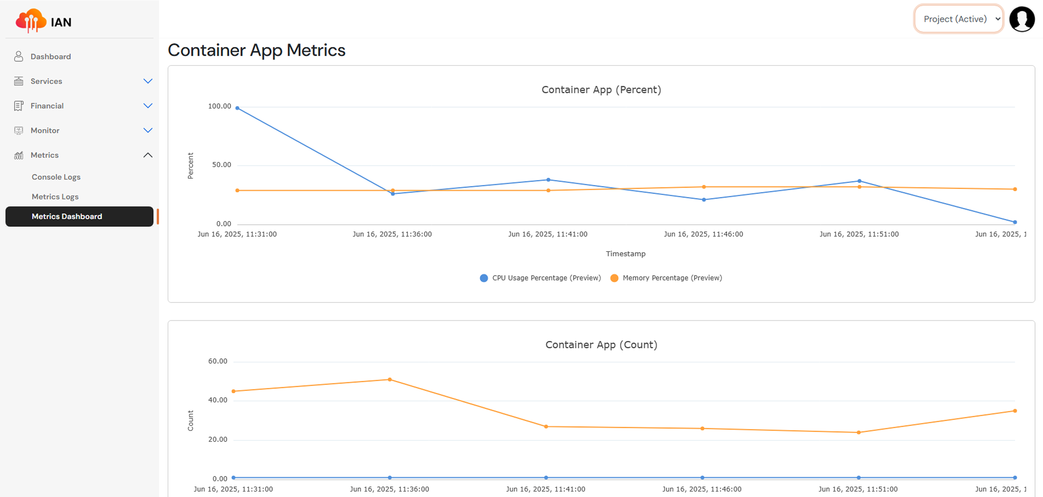 IAN Container App Metrics Dashboard showing real-time CPU usage percentage and memory percentage monitoring